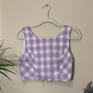 Checkered print/ Plaid Crop Top Lace-Up Back